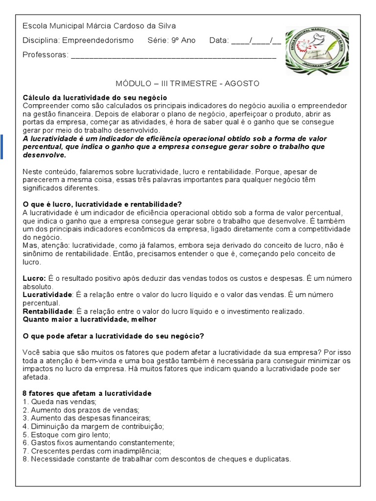 Atividade Modulo Agosto - Empreendedorismo 9 Ano | PDF ...