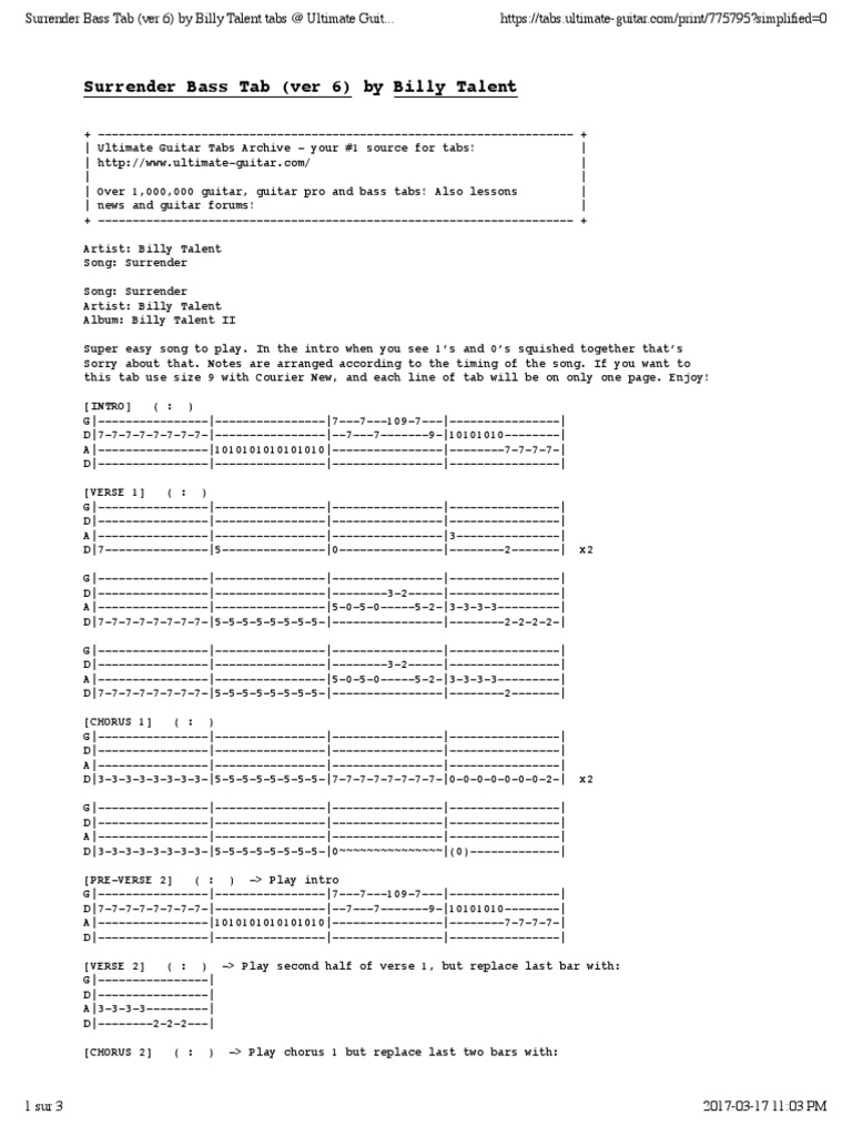 Surrender Billy Talent PDF Song Structure Musical Forms
