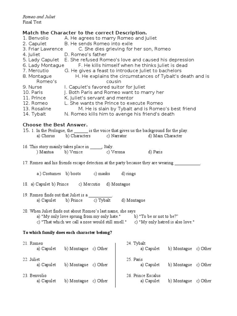 Romeo And Juliet Final Test