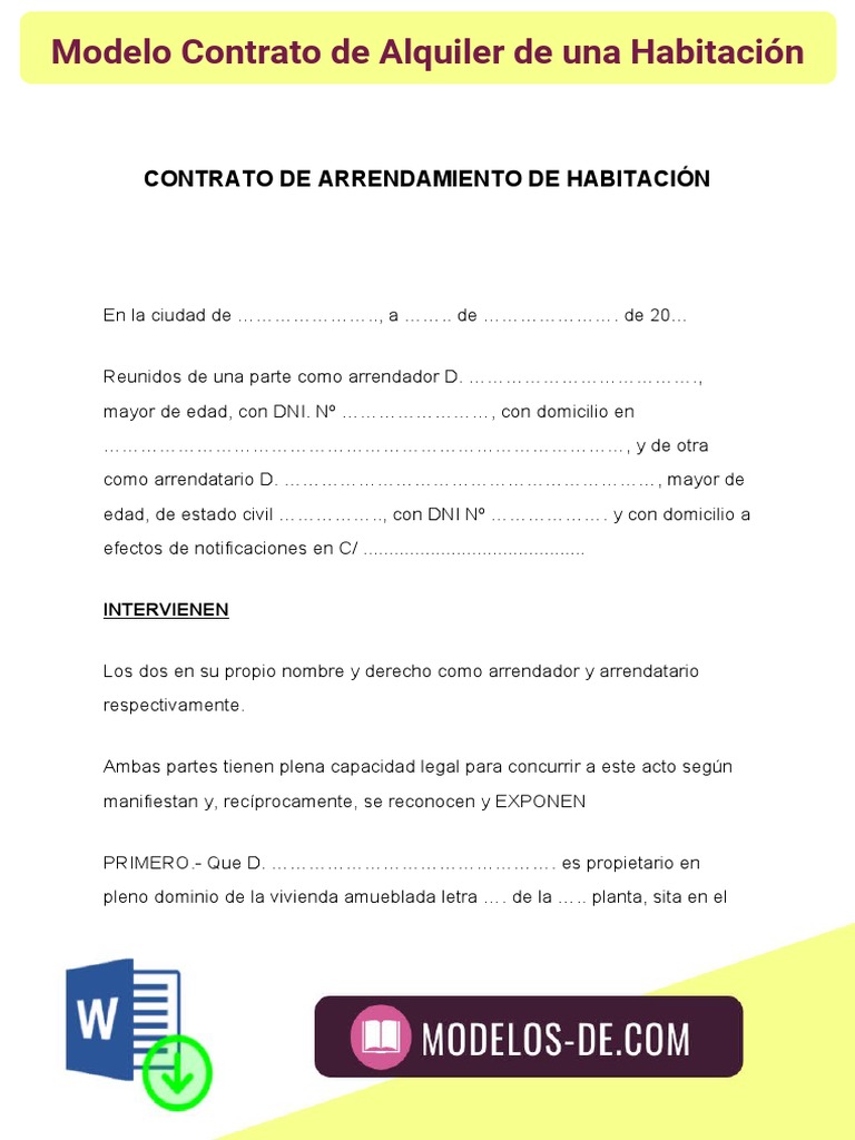 Modelo Contrato de Arrendamiento Una Habitación | PDF | Póliza de seguros |  Seguro