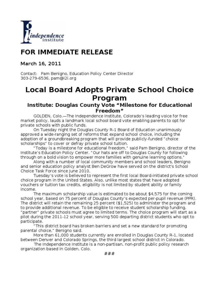 Release 03-16-11 Douglas Choice Vote | PDF | School Choice | Private School