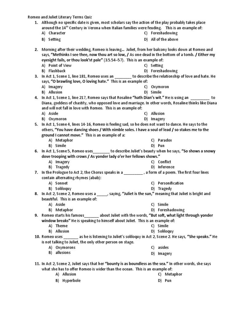 Worksheets Literary Terms Worksheet literary terms quiz for romeo and juliet