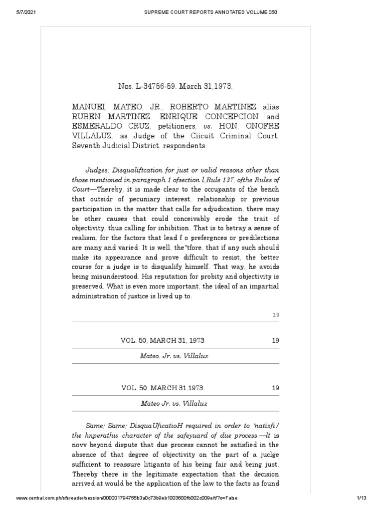 Mateo vs. Villaluz, G.R. No. 3475659, March 31, 1973. PDF Judge