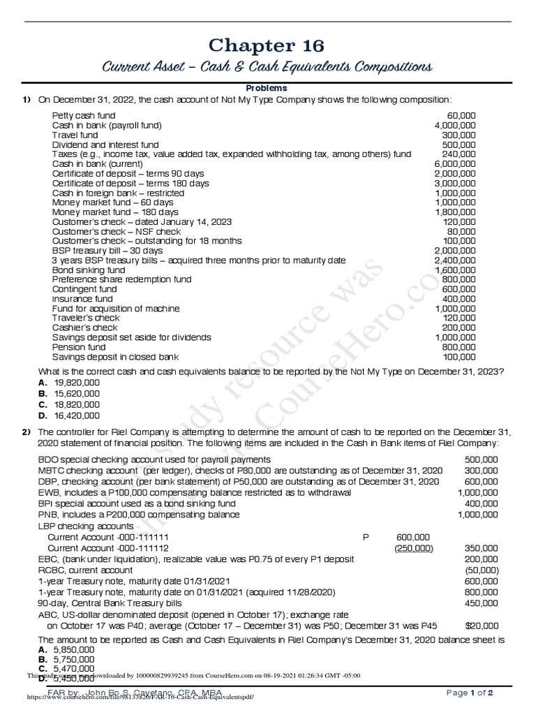 FAR 16 Cash Cash Equivalents PDF PDF Banks Deposit Account