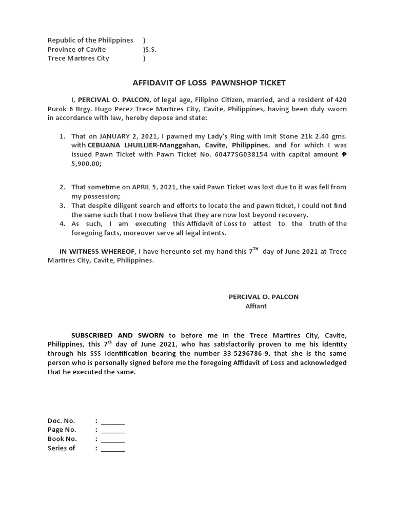 Affidavit of Loss for Pawn Ticket | PDF