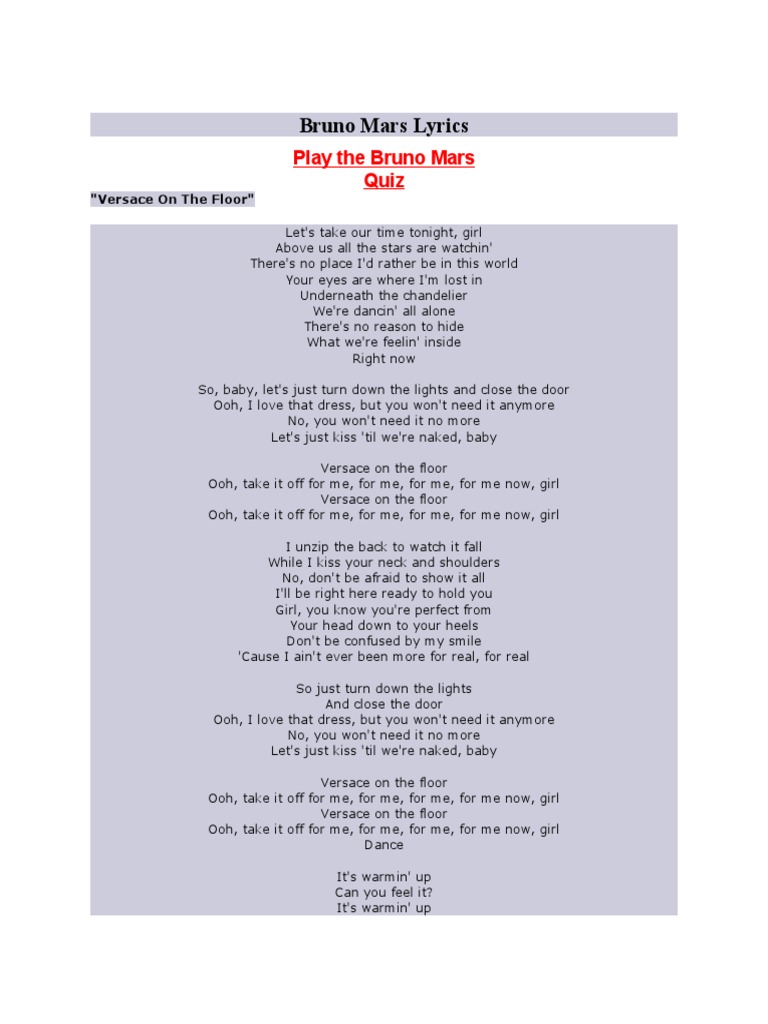 Versace On The Floor Lyrics PDF Songs Written Music Videos