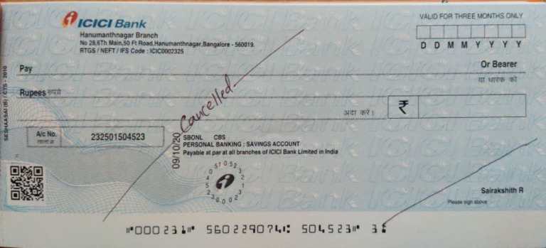 ICICI Bank Cancelled Cheque Sample | PDF
