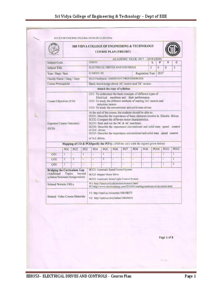 Course Plan for EE8353 Electrical Drives and Controls at Sri Vidya ...