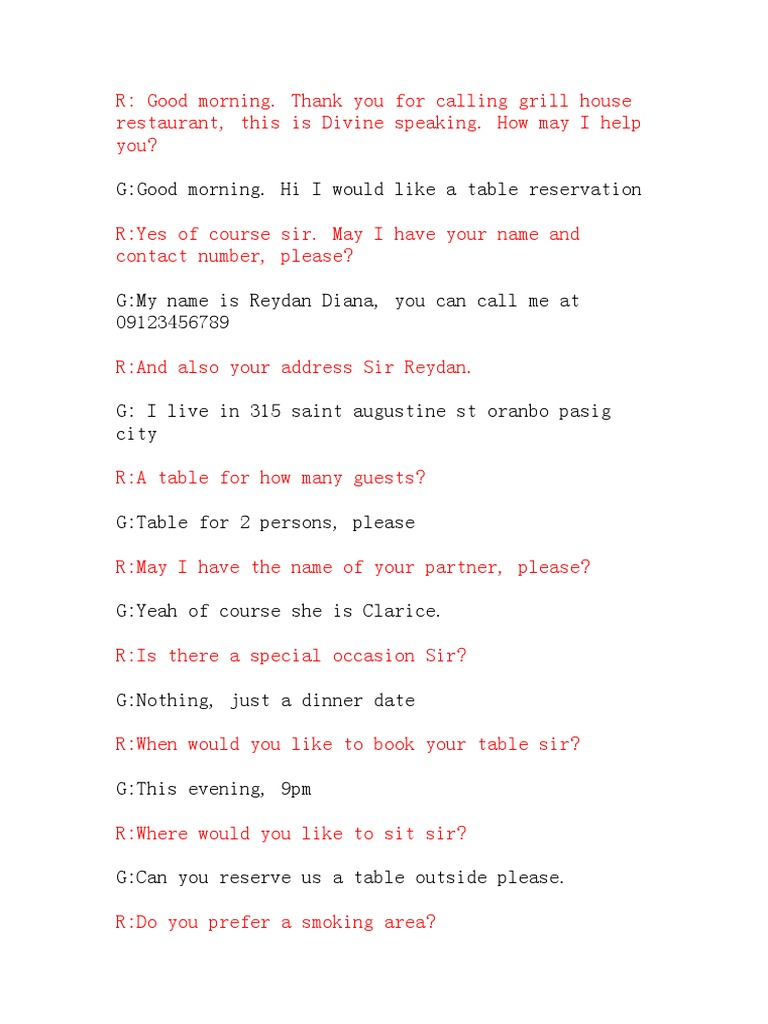Dinner Reservation at Grill House | PDF