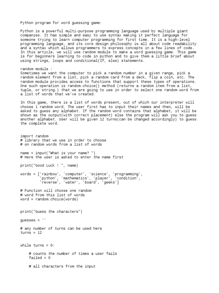 Python program for word guessing game | pdf | python (programming language)  | programming language
