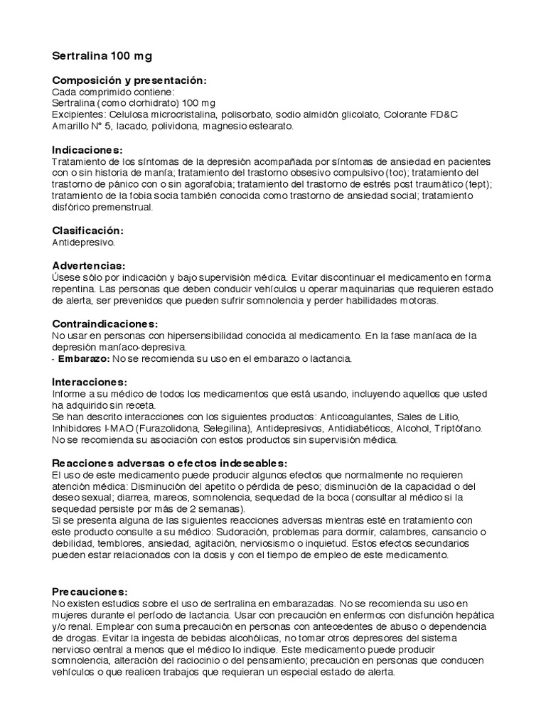 Sertralina 100 MG Prospecto | PDF | Medicina CLINICA | Especialidades  Medicas