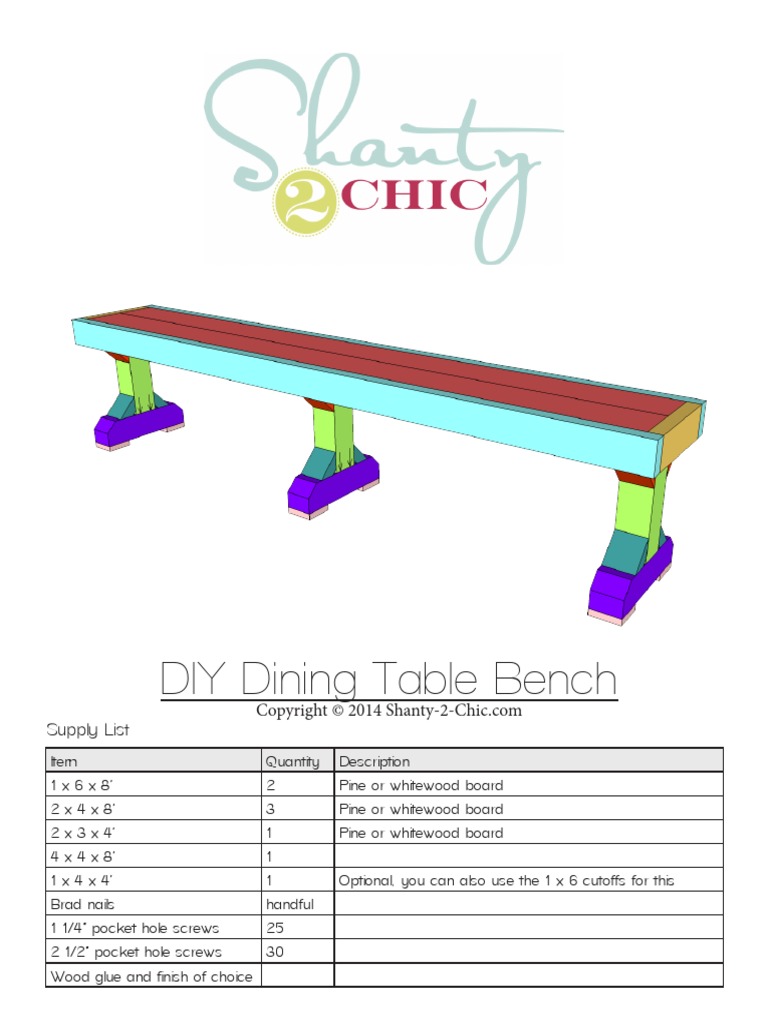 DIY Dining Table Bench: Supply List | PDF