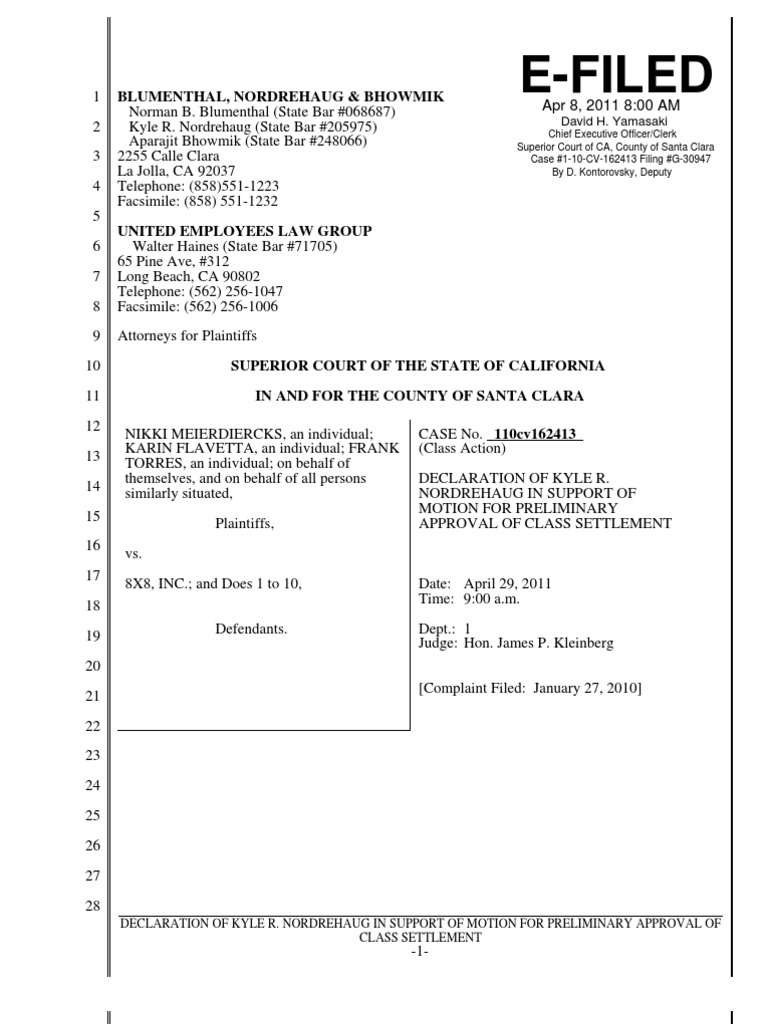 Declaration in Support of Preliminary Approval in Class Action Against