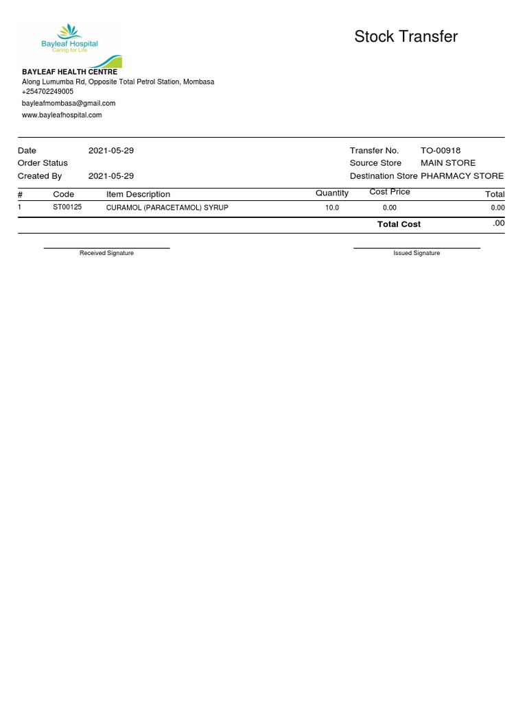Bayleaf Health Centre Stock Transfer Report | PDF