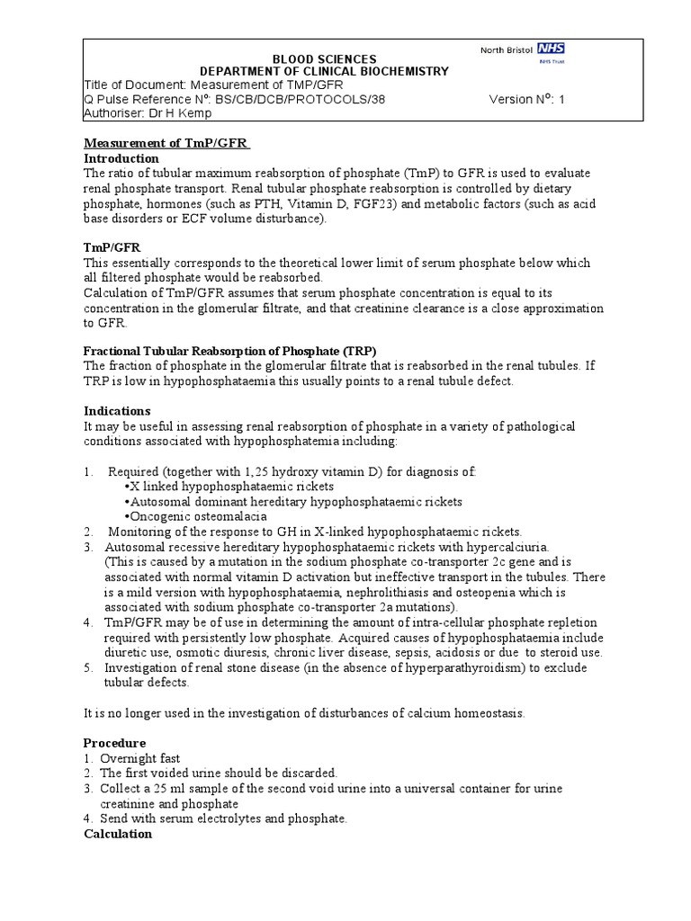 TmP/GFR Measurement Protocol Guide | PDF | Creatinine | Kidney
