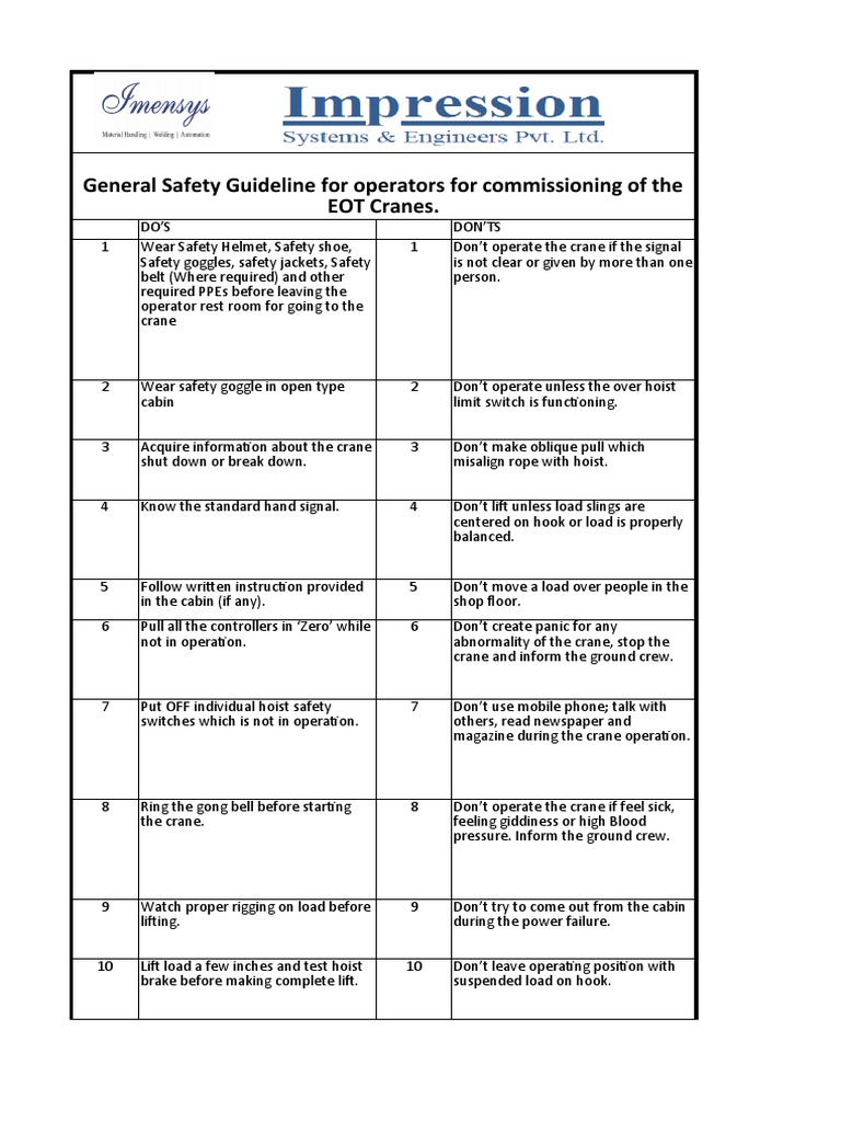 EOT Crane Safety Guidelines | PDF | Crane (Machine) | Elevator