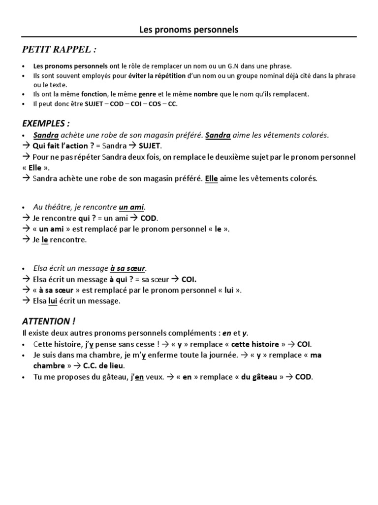 Comprendre les pronoms personnels | PDF | Complément d'objet | Pronom