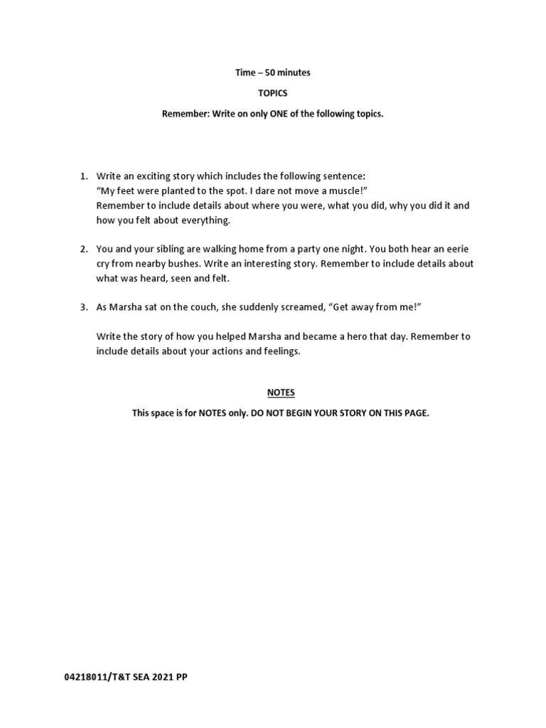 Creative Writing Prompts for T&T SEA 2021 | PDF