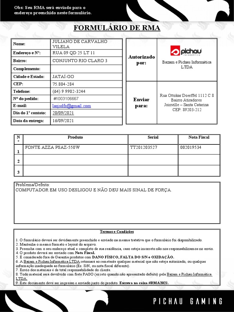 Formulário de RMA Pichau | PDF | Informática