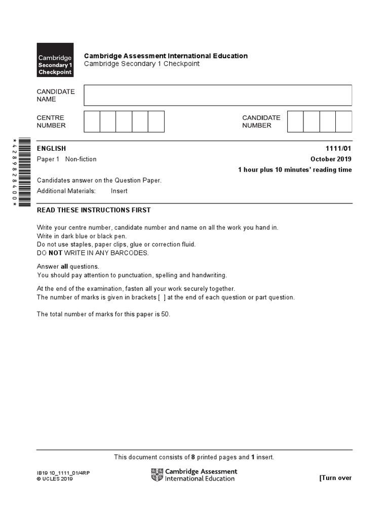 Cambridge Secondary Checkpoint - English (1111) October 2019