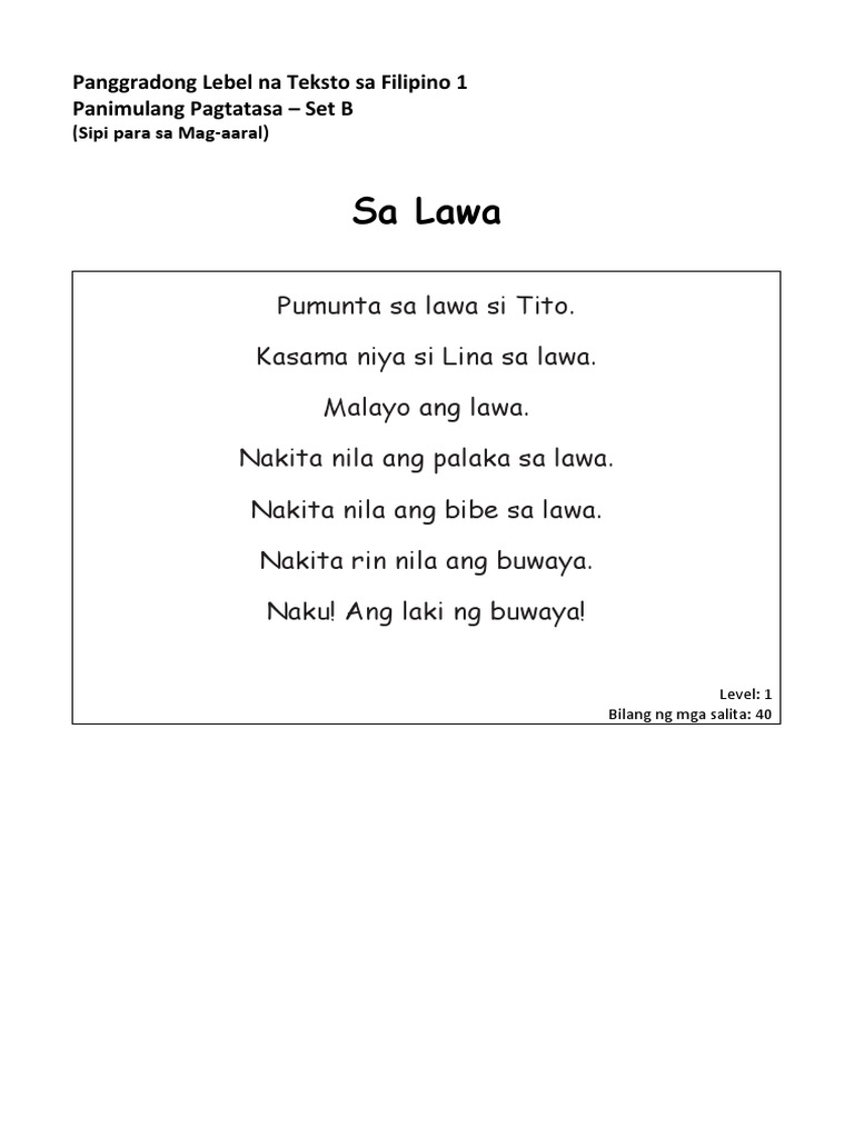 Phil IRI Pretest Oral Reading Passage in Filipino 1 7 Learners PDF