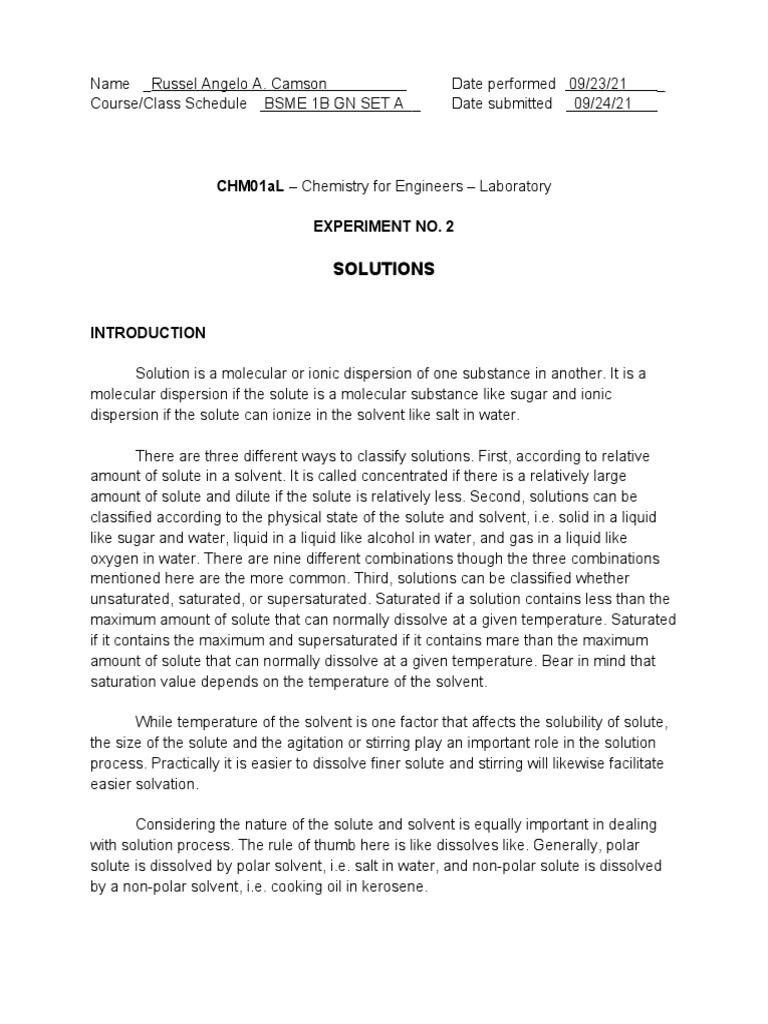 Chemistry Solutions Experiment Guide | PDF | Solution | Solubility