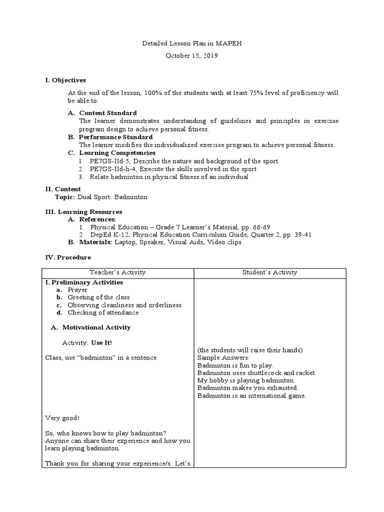 Badminton Lesson Plan PDF Racquet Sports Athletic Sports