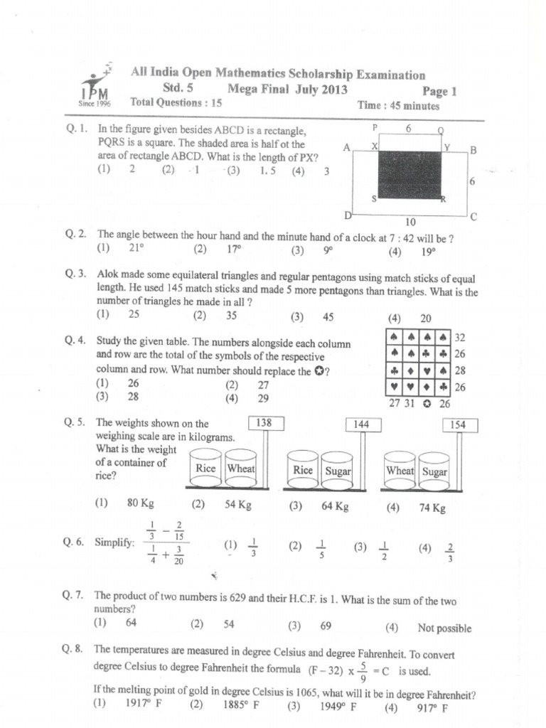 IPM Math Exam Past Papers Mega Final Standard 5 2008 2016 With Answer
