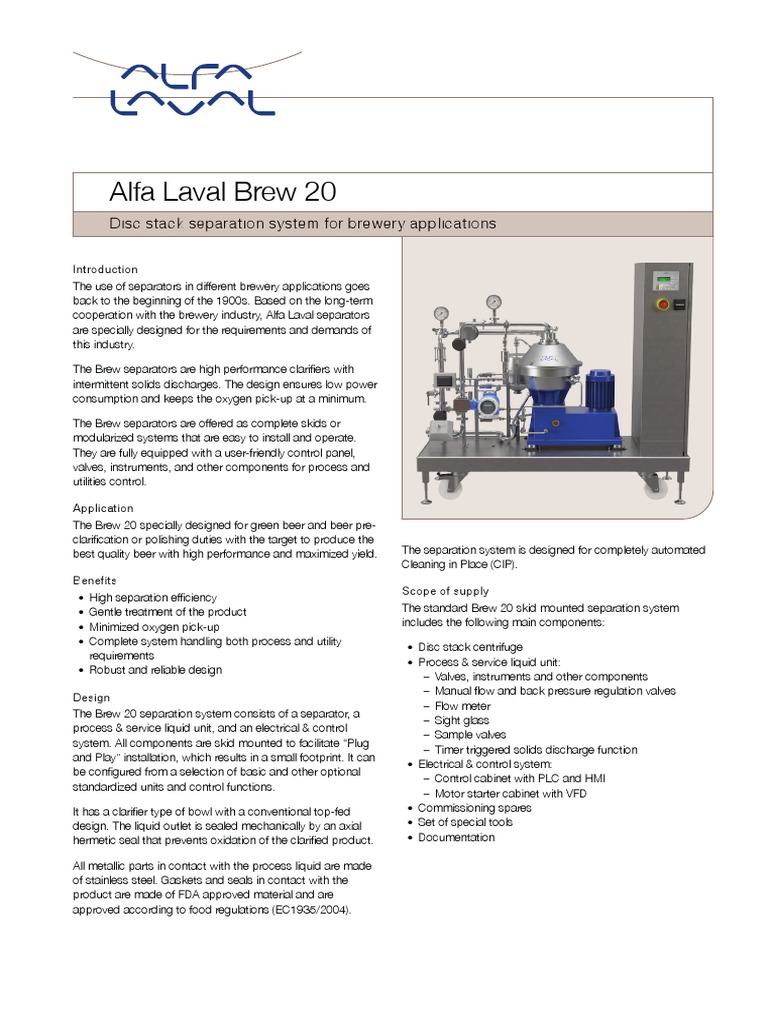 Alfa Laval Brew 20: Disc Stack Separation System For Brewery ...