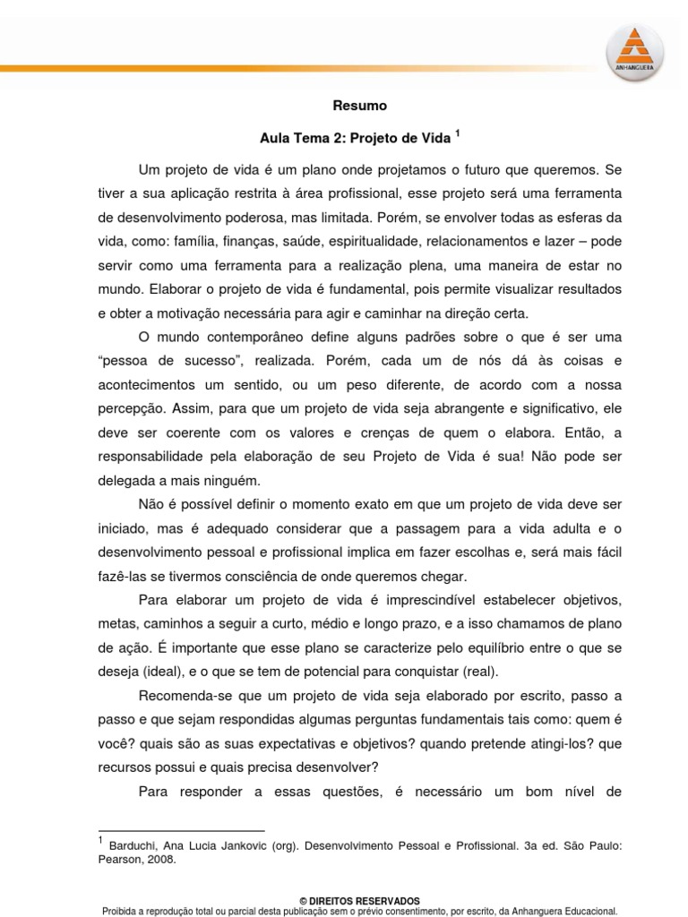 Resumo Aula Tema 2: Projeto de Vida | Vida | Motivação