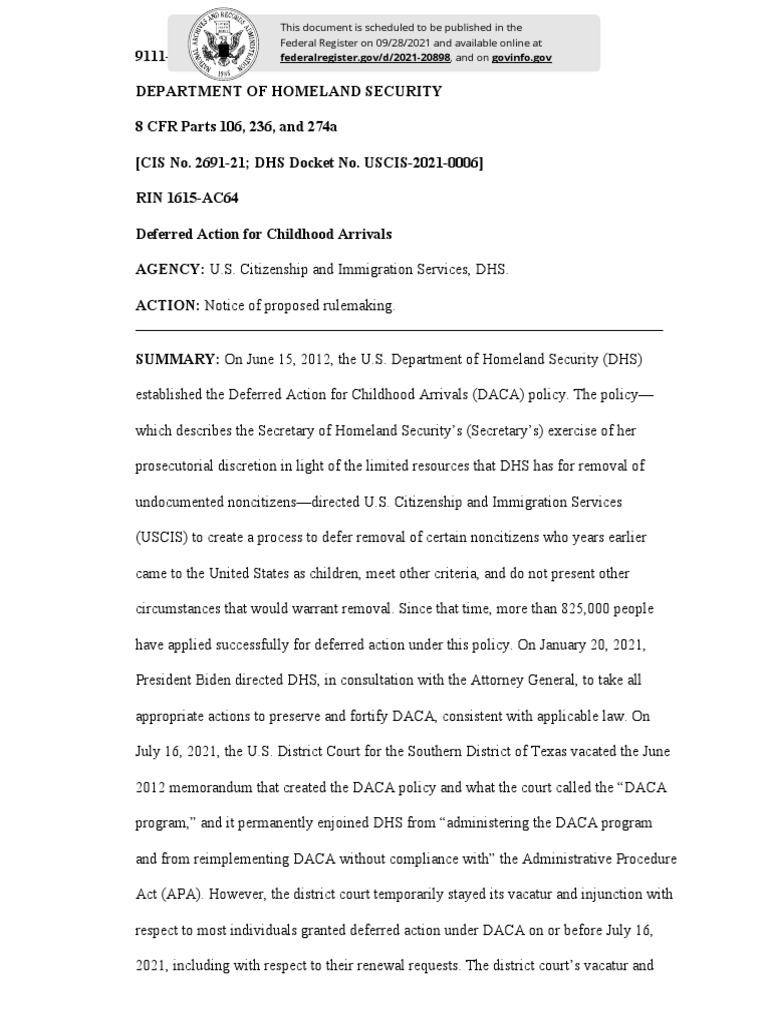 DHS Proposed DACA Rule 9-28-21 | PDF | Deferred Action For Childhood ...