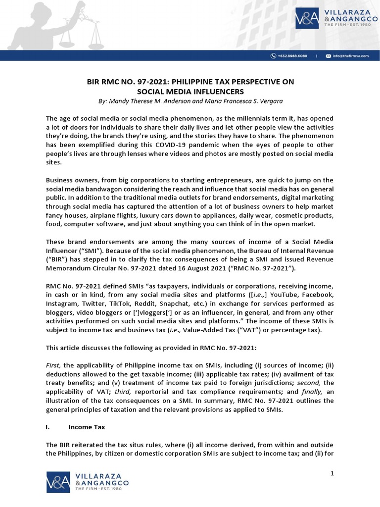 Bir RMC No. 972021 Philippine Tax Perspective On Social Media