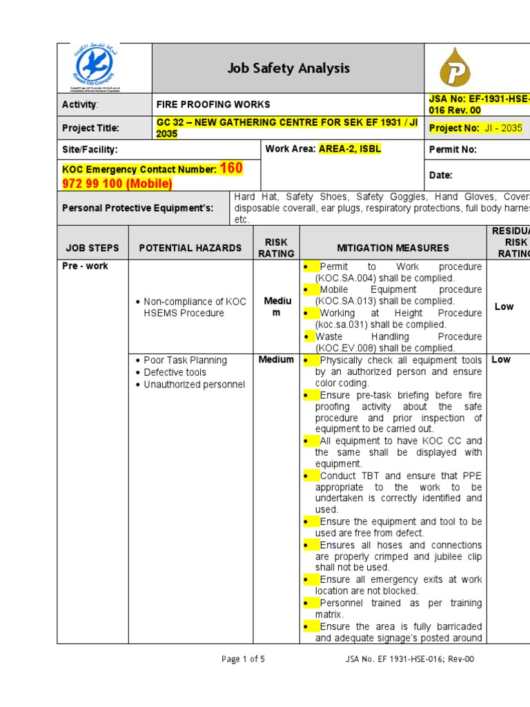 Fire Proofing Job Safety Analysis | PDF | Personal Protective Equipment ...