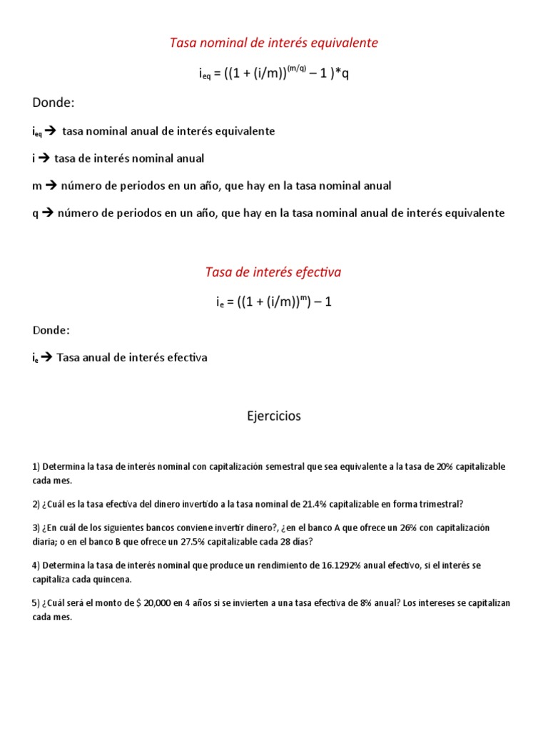Ejercicios de Tasa de Interés Equivalente y Tasa Efectiva - Teams | PDF