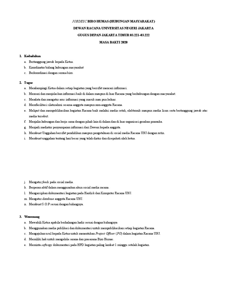 Jobdesc dan Program Biro Humas UNJ | PDF
