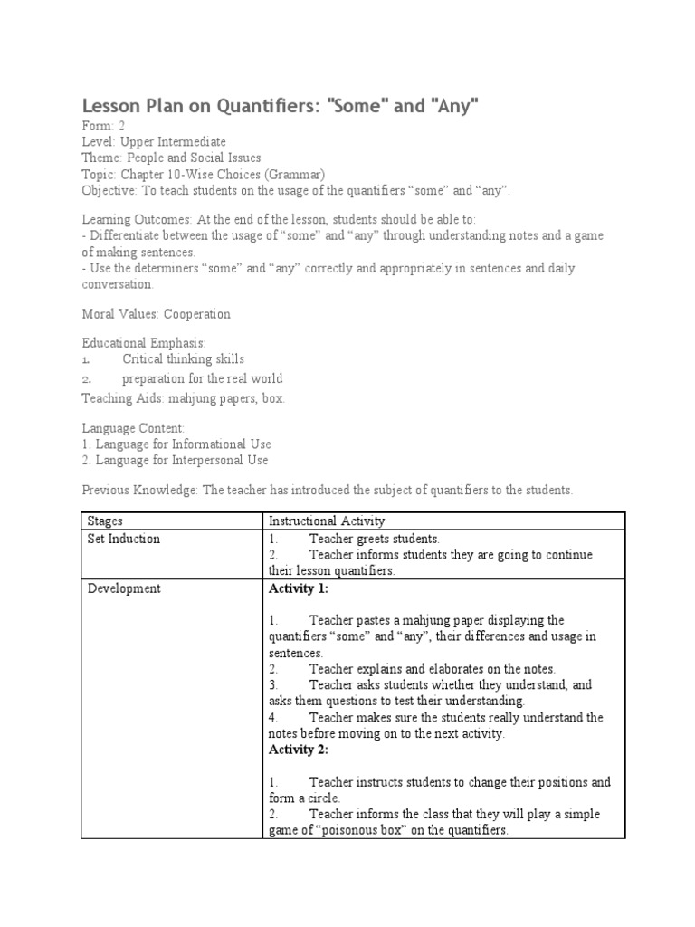 Teaching "Some" and "Any" Quantifiers | PDF | Teachers | Lesson Plan