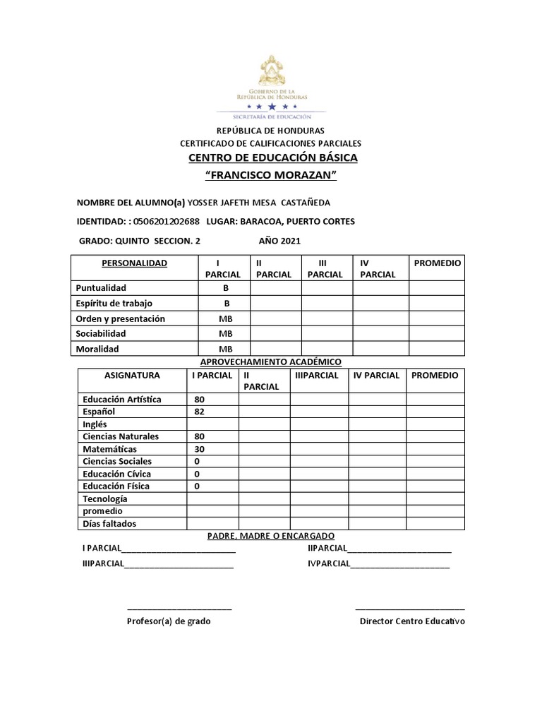 Boleta de Calificaciones Quinto 2 PDF Educación primaria Honduras