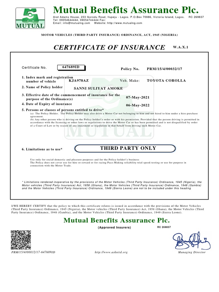 Mutual Benefits Assurance PLC.: Certificate of Insurance | PDF 