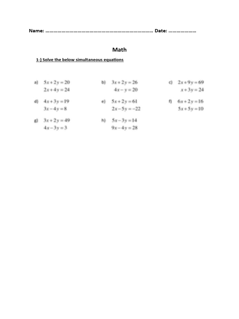Name: Date: : 1-) Solve The Below Simultaneous Equations | PDF