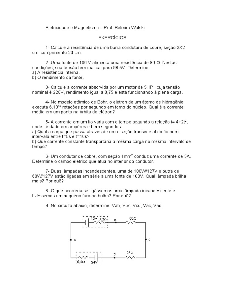 Exercícios de Eletricidade e Magnetismo | PDF | Resistência elétrica e ...