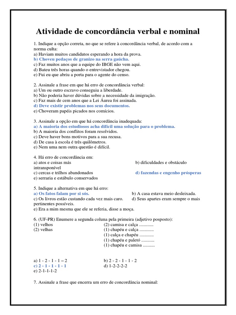 Atividade de Concordância Verbal e Nominal | PDF