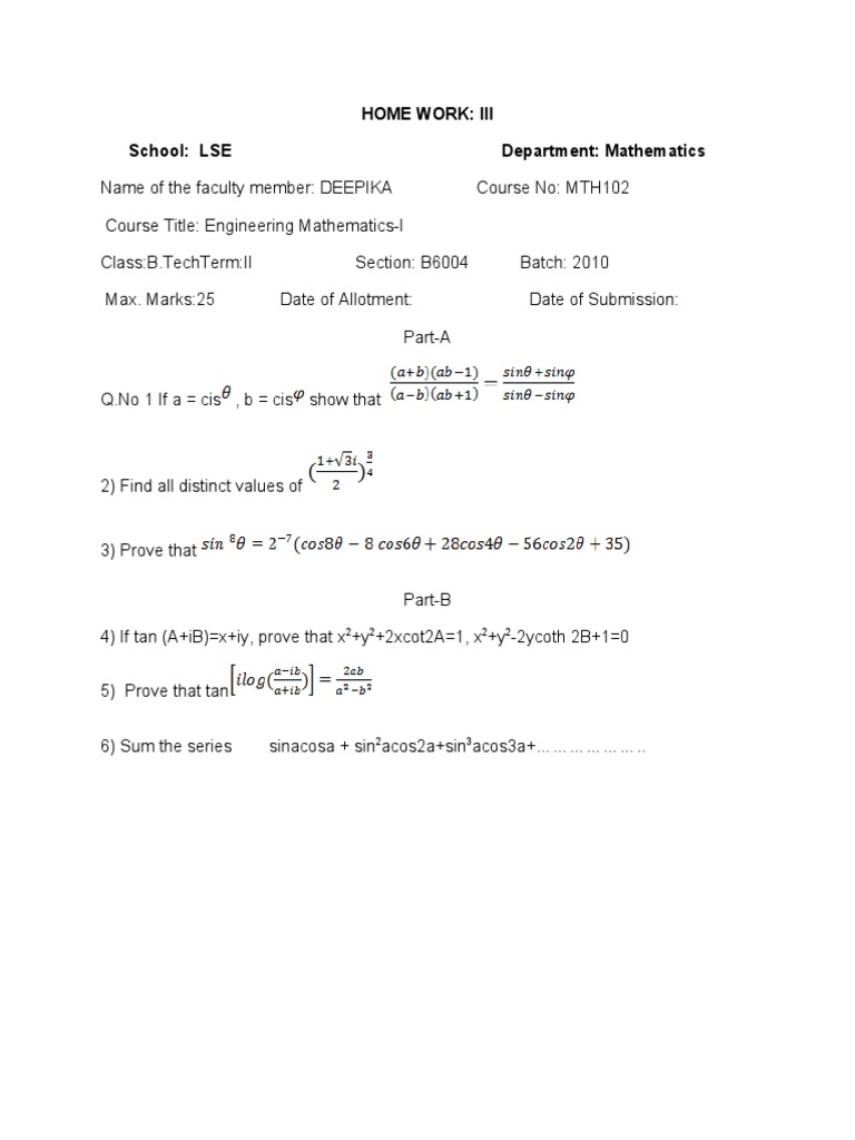 Engineering Mathematics-I Homework III | PDF