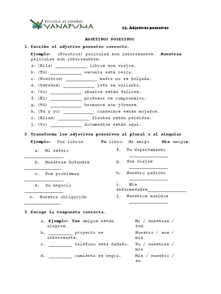 Adjetivos Posesivos En Espaol Ejercicios En Pdf Spanish Learning Lab