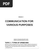 Communication For Various Purposes: Topic 1: Types of Speeches