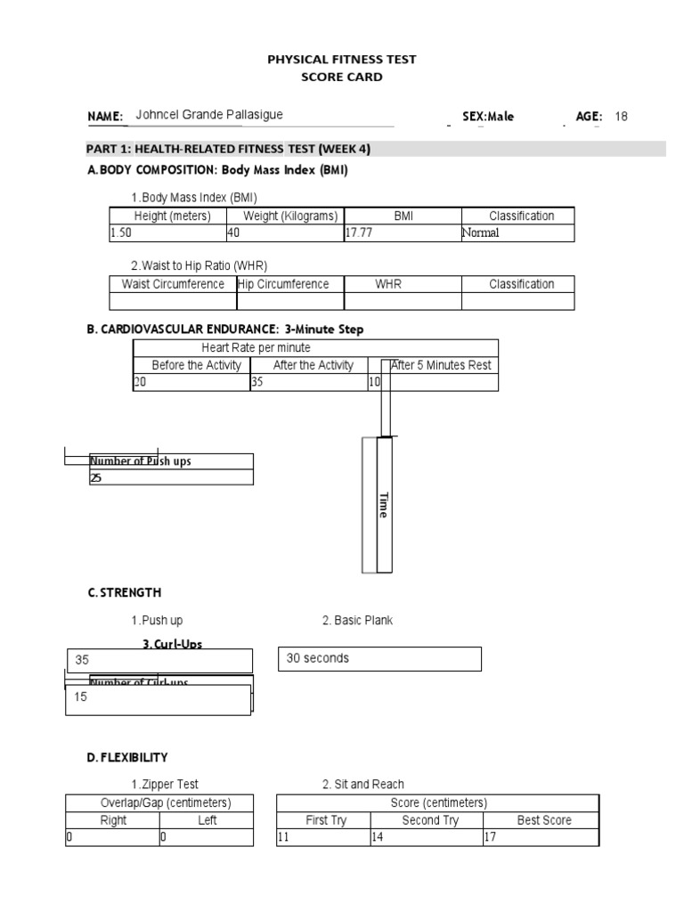 Physical Fitness Test Scorecard | PDF | Body Mass Index | Recreation