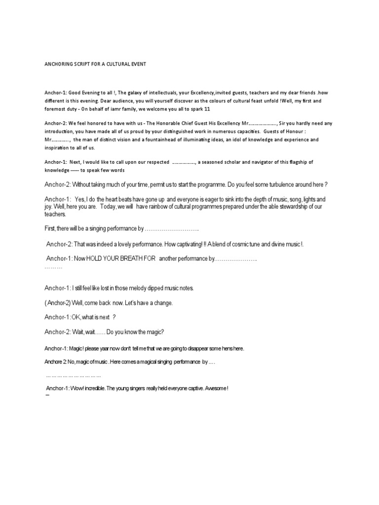 ANCHORING SCRIPT FOR A CULTURAL EVENT