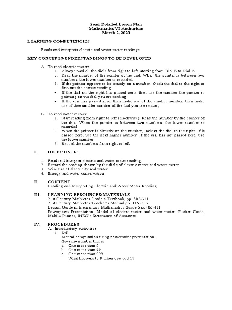 Reading Electric and Water Meters Lesson | PDF | Home Appliance | Water