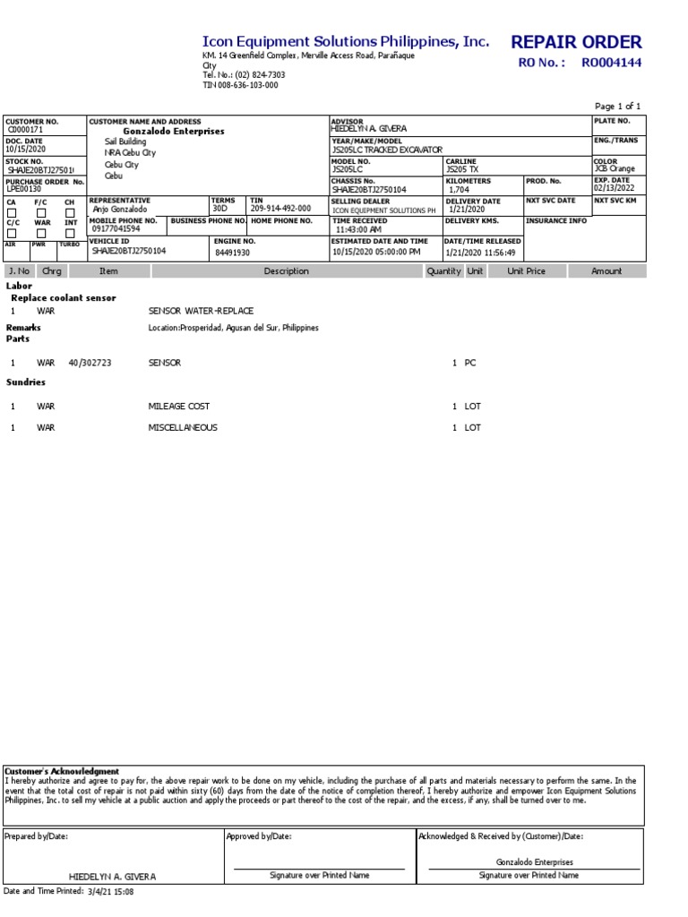 Repair Order Icon Equipment Solutions Philippines, Inc PDF