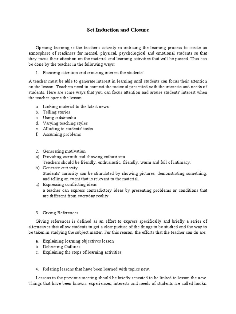 Set Induction and Closure | PDF | Teachers | Learning
