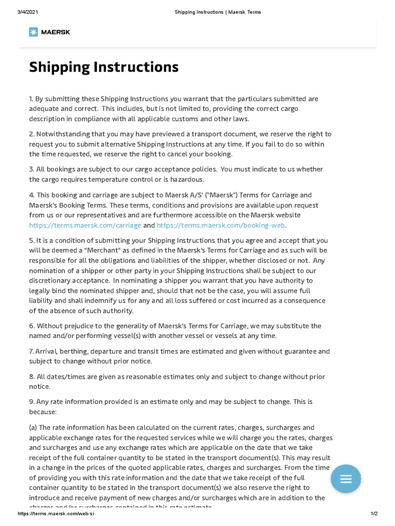 Shipping Instructions - Maersk Terms | PDF | Receipt | Indemnity